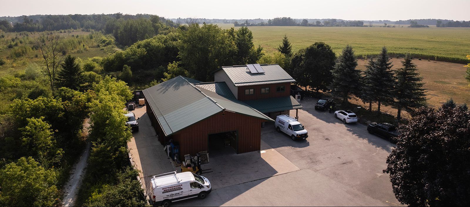Aerial view of the Nottawasaga Mechanical shop and fleet in Wasaga Beach